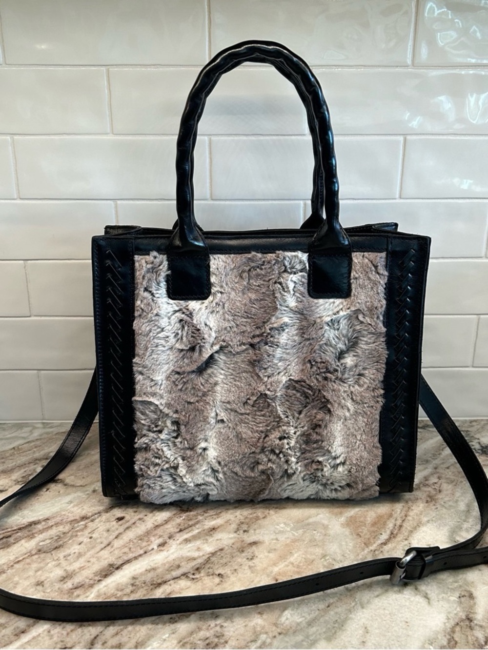 Patricia Nash Black Tote with Gray Faux Fur Front